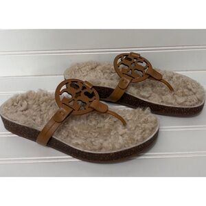 TORY BURCH Miller Cloud Shearling Fur Sandals Flip Flops Shoes Womens Size 7.5 M